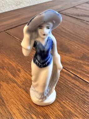 Vintage Japanese Porcelain Girl Figurine, Blue and White Bonnet, 1940s-50s